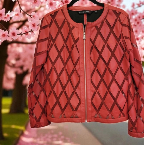 Colleen Lopaz Faux Leather Jacket Bright Orange Beautiful Zip Front Small - Picture 9 of 9